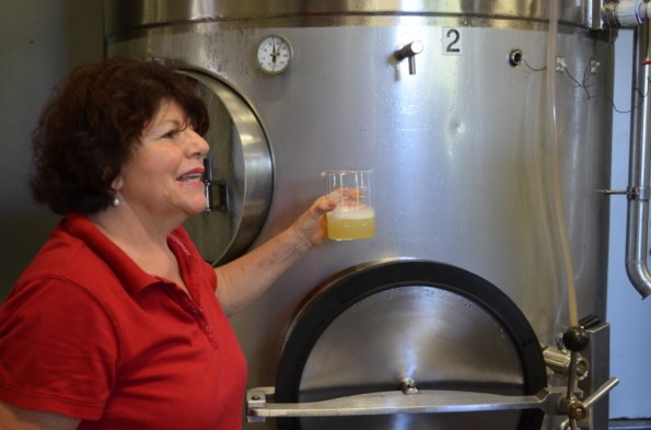 DSC_0974 Ursula Massoud with glass of freshly ferment Chenin Blanc