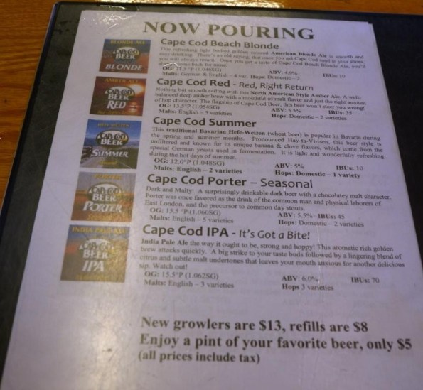 Beer tasting list at Cape Cod Beer