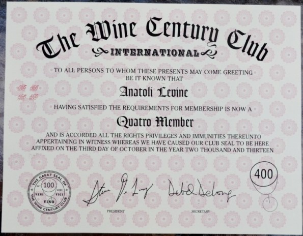 Wine Century Clun Quattro Certificate