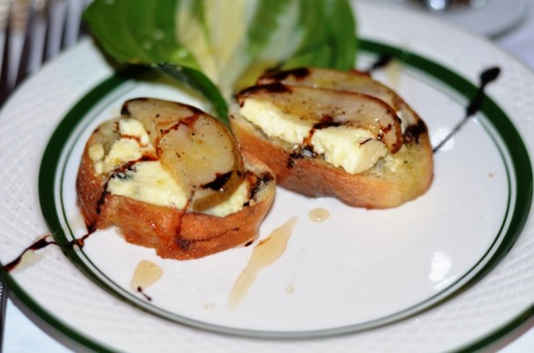 Crostini with Roasted Pear Gorgonzola and a Balsamic Drizzle