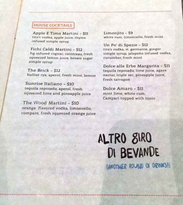 Brick+Wood cocktail list