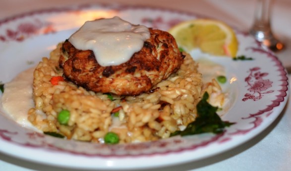 Crab Cake with green pea risotto Brasserie Louis