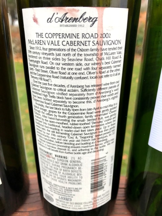 d'arenberg the coppermine road cabernet sauvignon back label