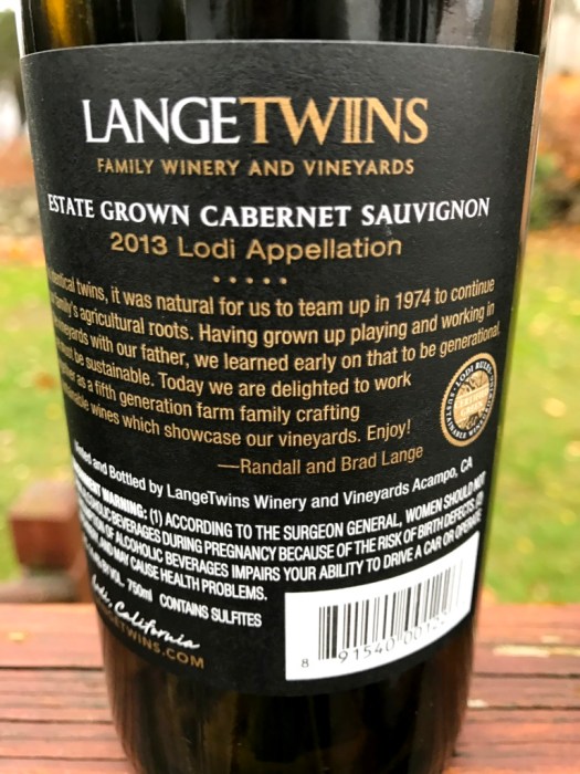 langetwins vineyard cabernet savignon back label