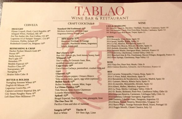 Cocktails and Wines by the glass menu Tablao SoNo