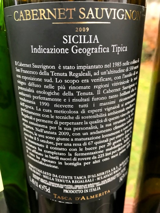 tasca d'almerita tenuta regaleali cabernet sauvignon back label