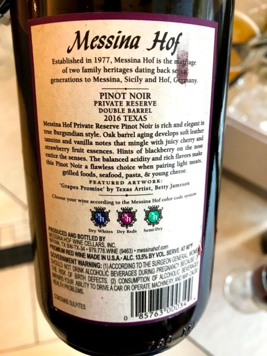 Messina Hof Pinot Noir Back Label